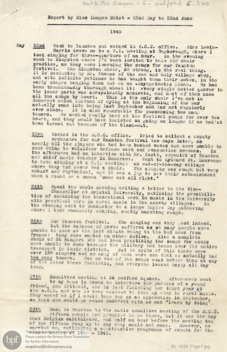Report from 22 May to 22 Jun 1940