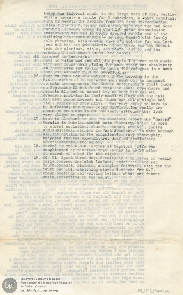 Report from 26 Aug to 21 Sep 1940