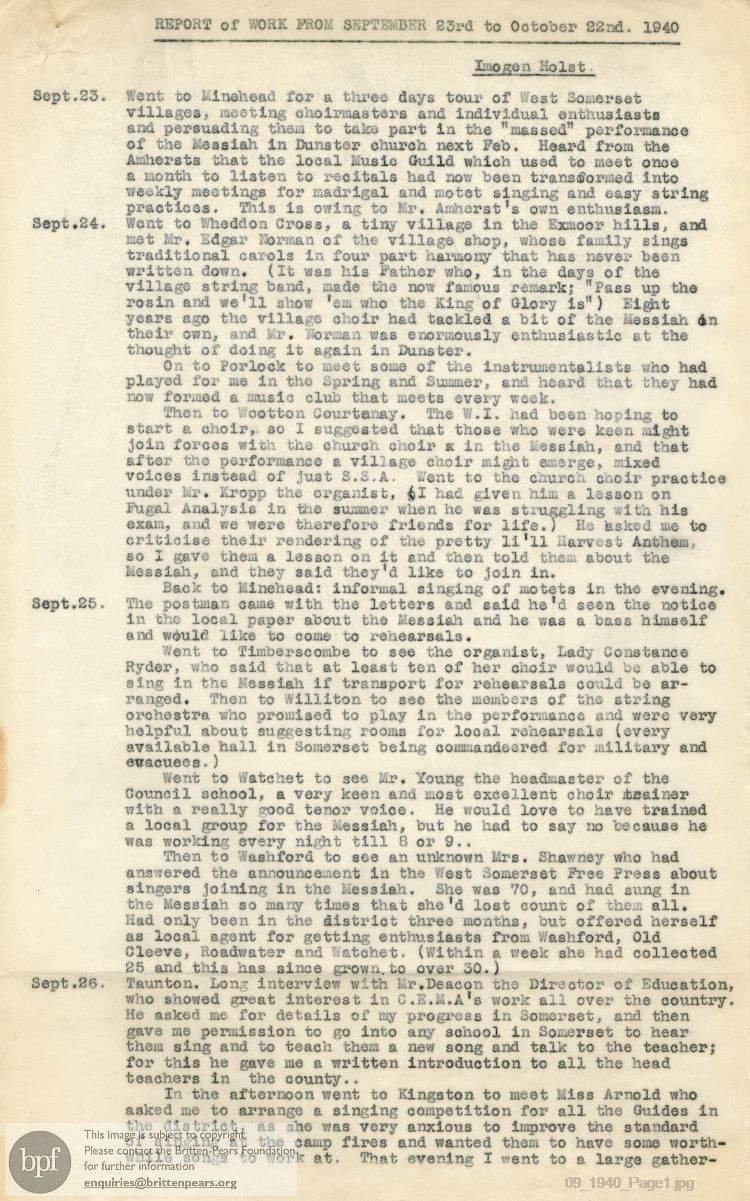 Report from 23 Sep to 22 Oct 1940