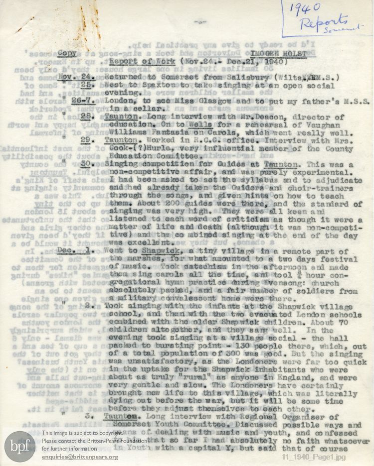 Report from 24 Nov to 21 Dec 1940