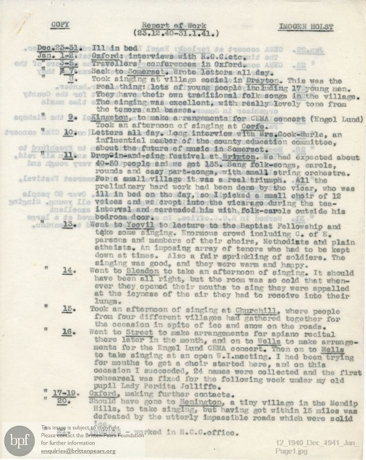 Report from 23 Dec 1940 to 31 Jan 1941