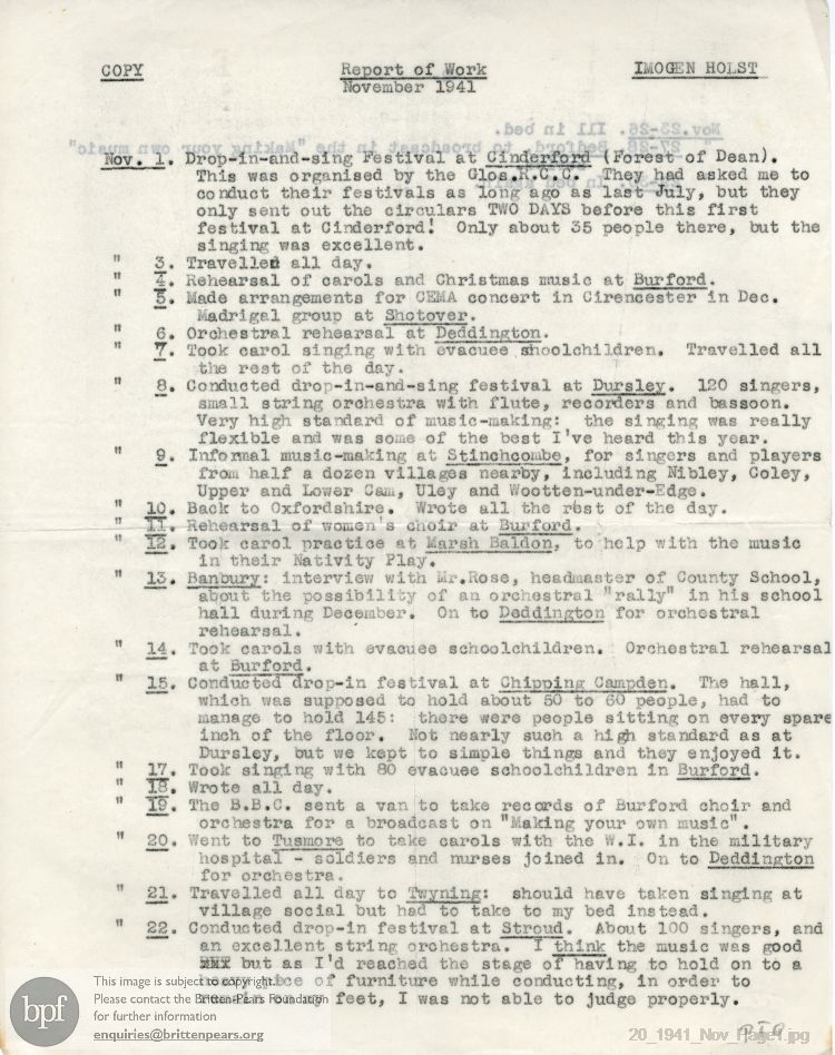 Report from 01 Nov to 30 Nov 1941