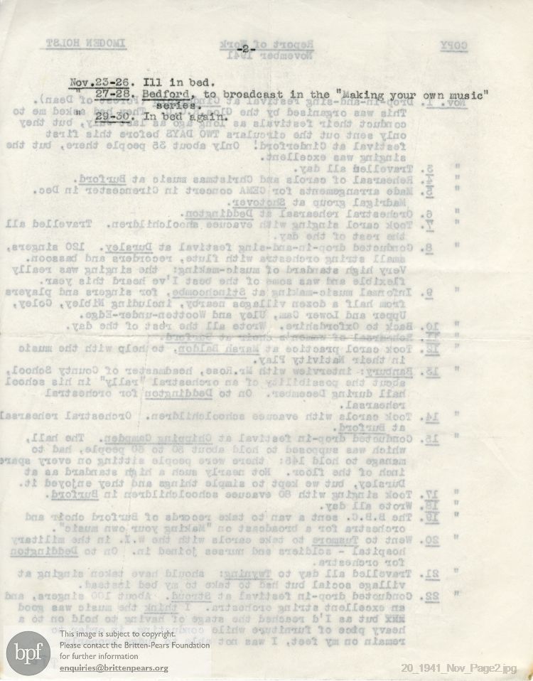 Report from 01 Nov to 30 Nov 1941