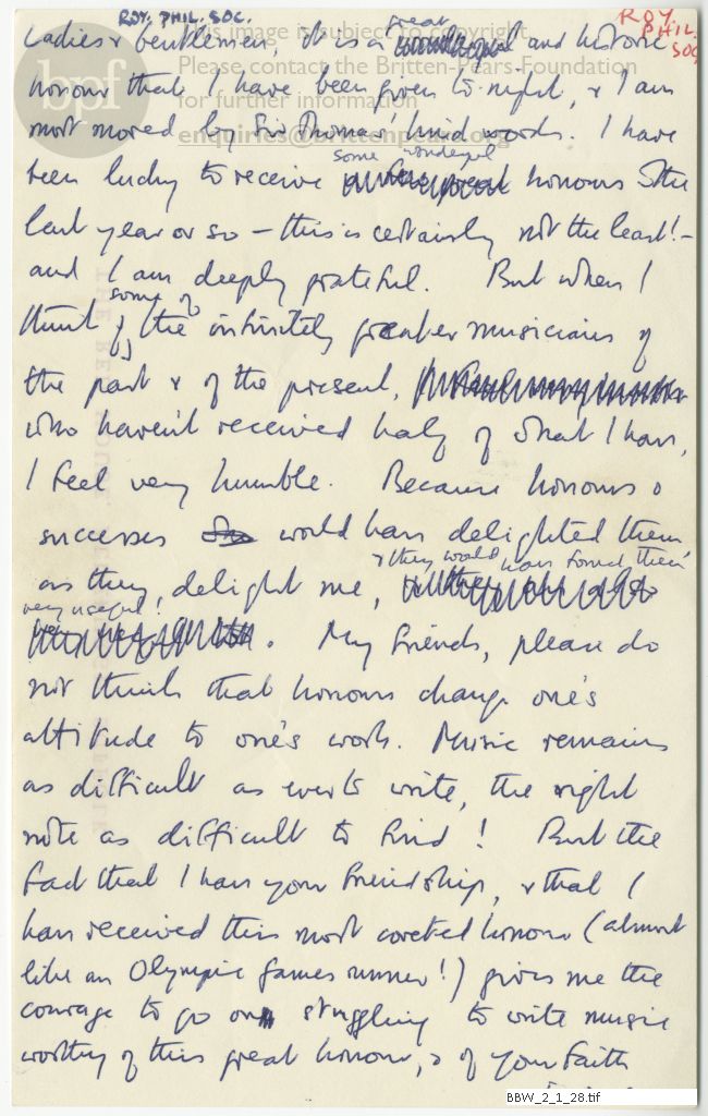 Draft of speech for Royal Philharmonic Society