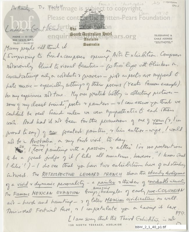 Draft speech for Festival Exhibition, Adelaide