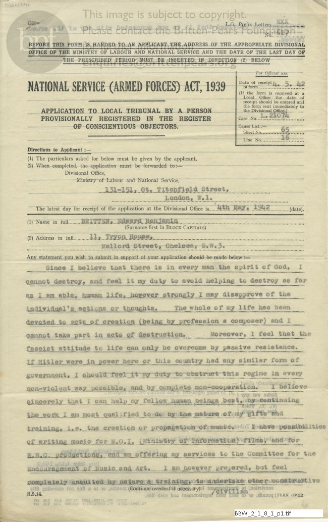 Application to local tribunal by a person provisionally registered in the register of conscientious objectors