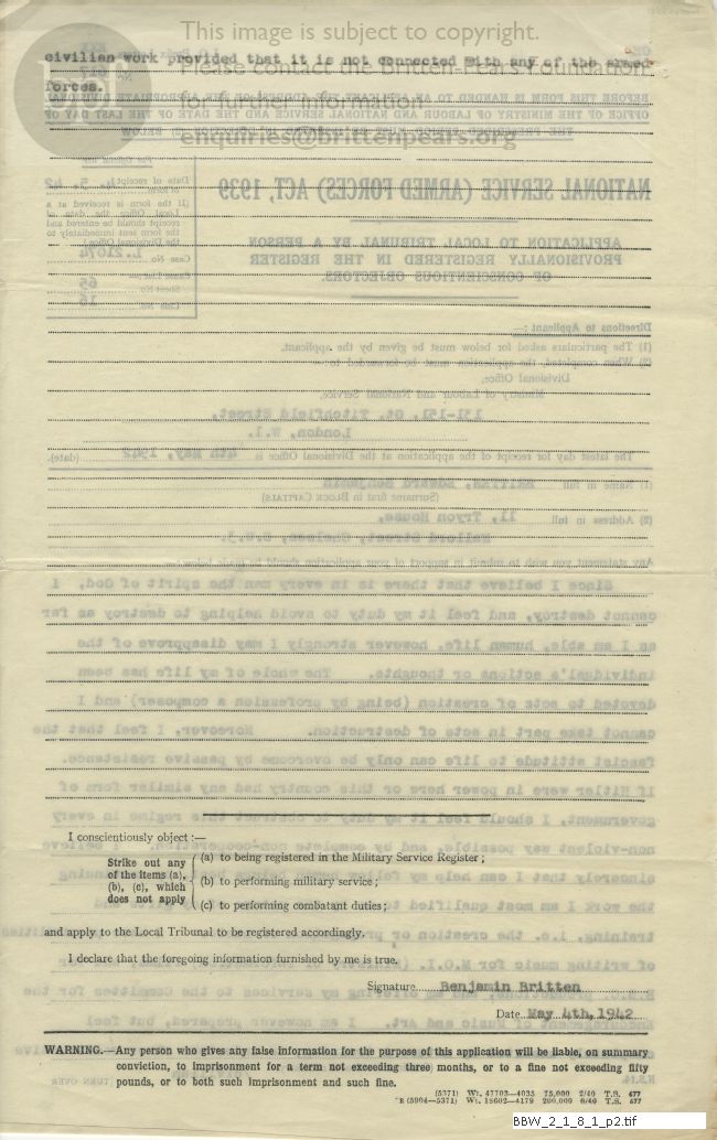 Application to local tribunal by a person provisionally registered in the register of conscientious objectors