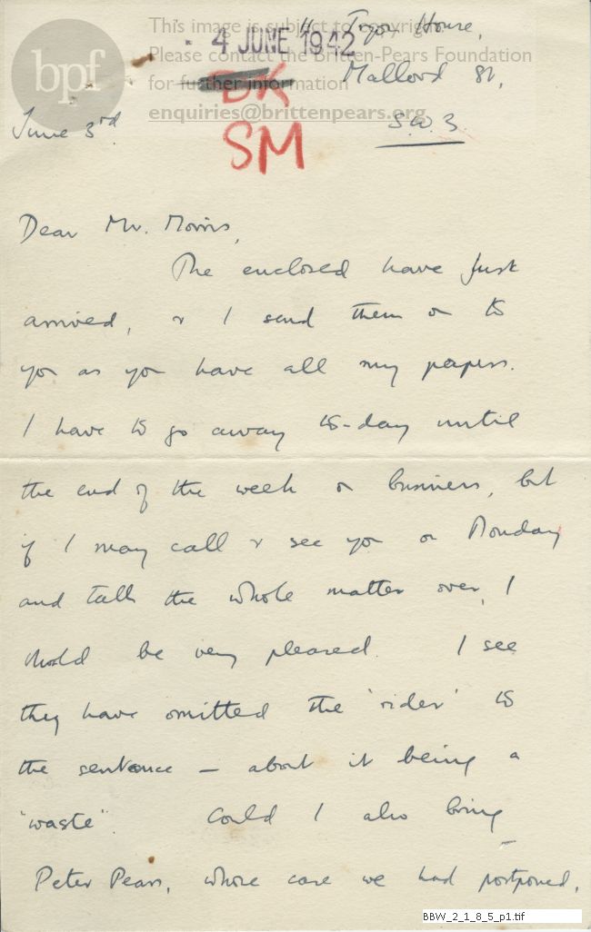 Letter from Britten to Stuart Morris