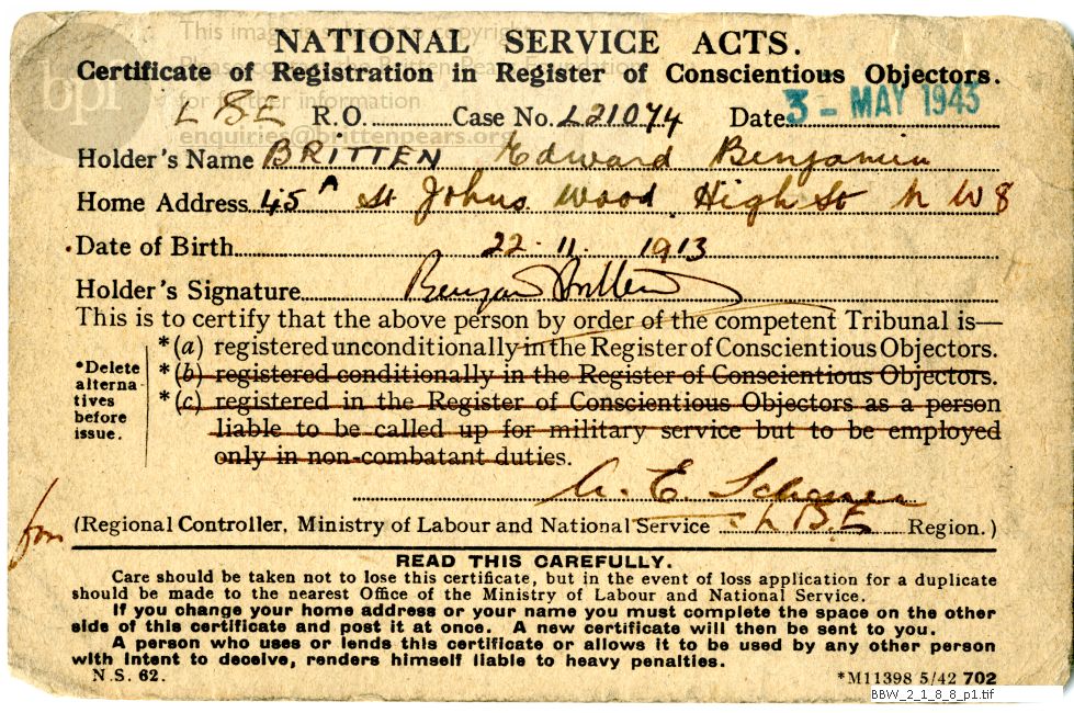 Certificate of Registration in Register of Conscientious Objectors