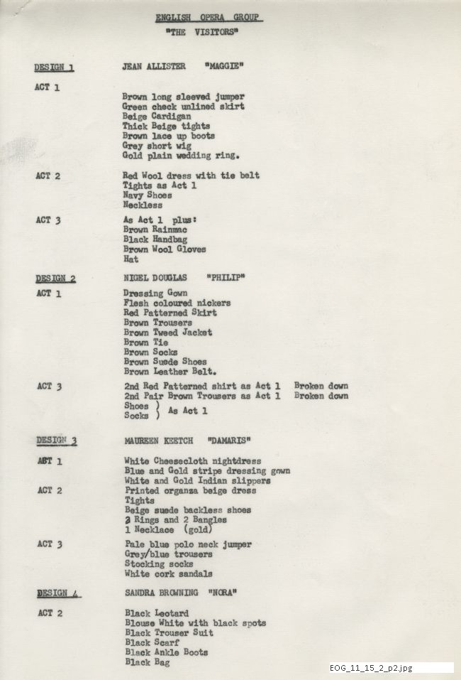 Wardrobe file for John Gardner's The Visitors