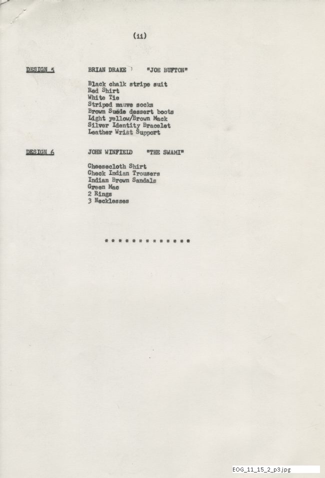 Wardrobe file for John Gardner's The Visitors