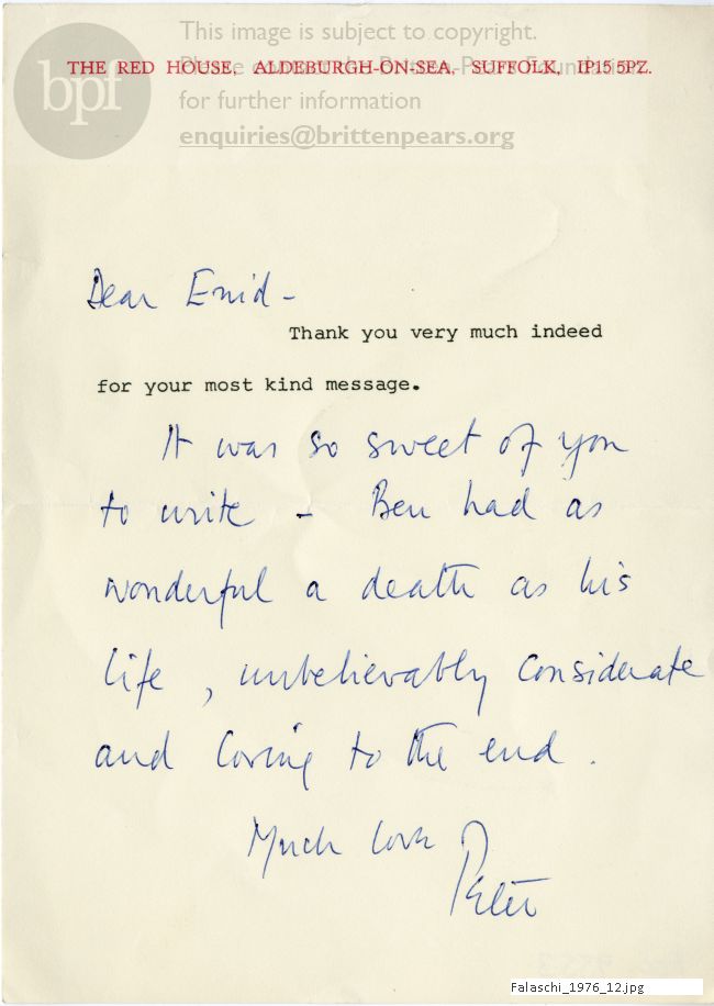 Correspondence between Peter Pears and Enid Falaschi