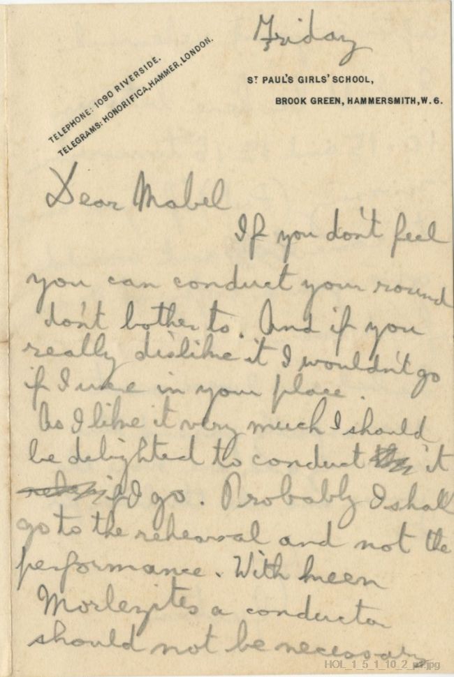 Letter from Gustav Holst to Mabel Rodwell Jones