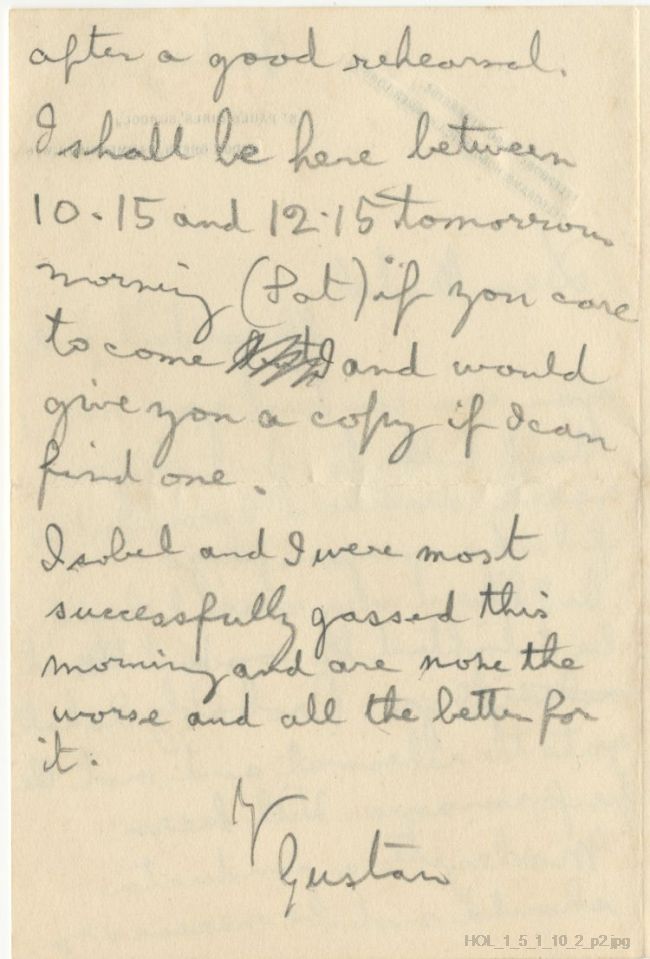 Letter from Gustav Holst to Mabel Rodwell Jones