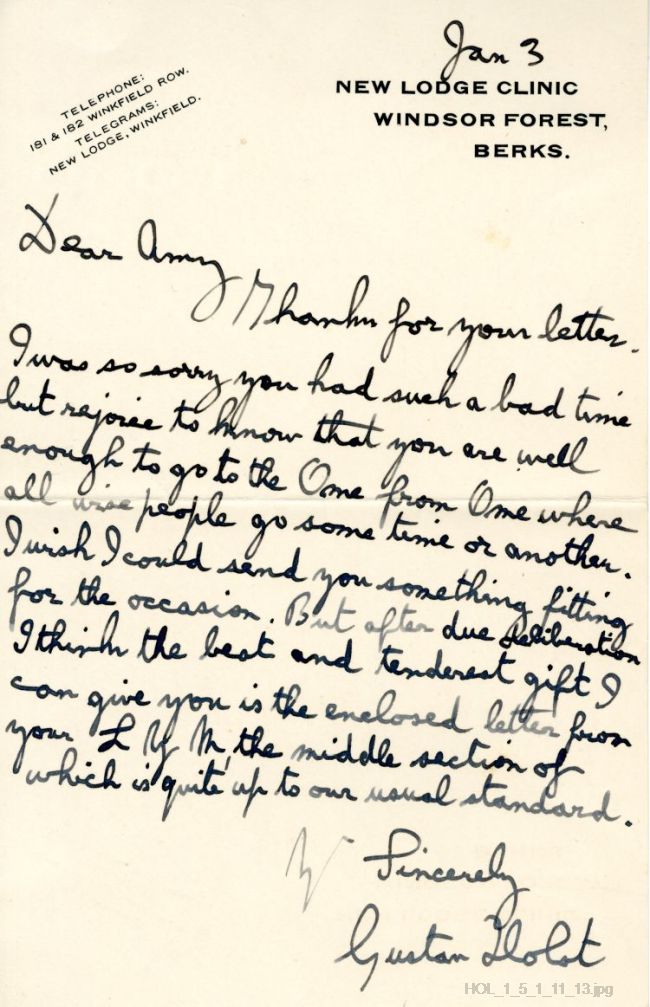Letter from Gustav Holst to Amy Kemp