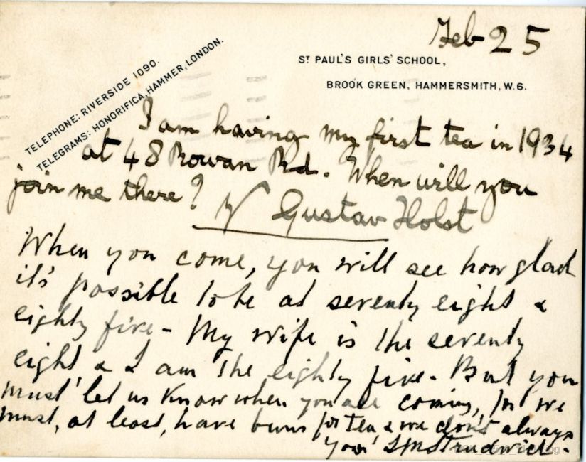 Letter from Gustav Holst and JM Sturdwick to Amy Kemp