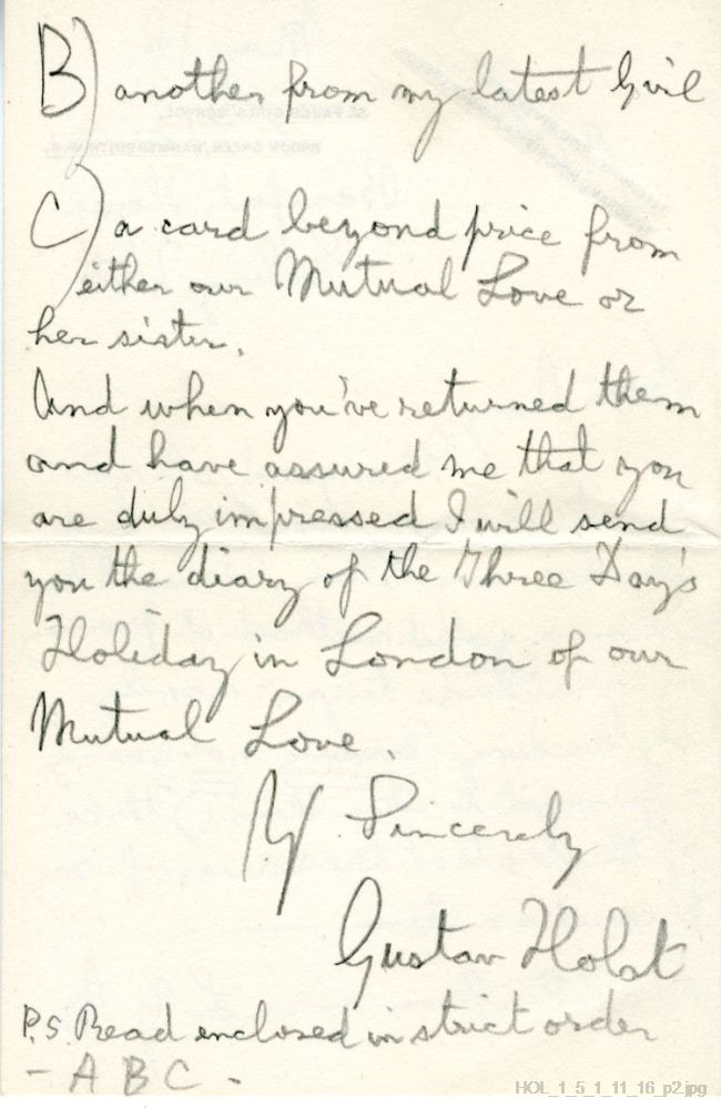 Letter from Gustav Holst to Amy Kemp