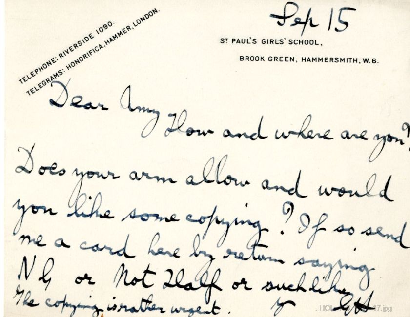 Letter from Gustav Holst to Amy Kemp