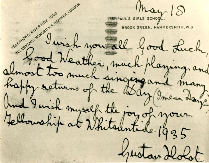 Photographed postcard from Gustav Holst to the Whitsuntide Singers