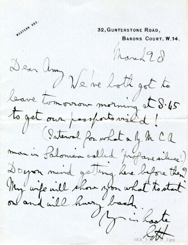 Letter from Gustav Holst to Amy Kemp