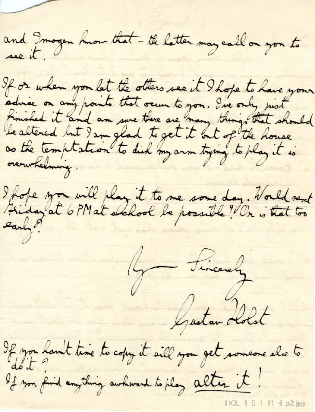 Letter from Gustav Holst to Amy Kemp