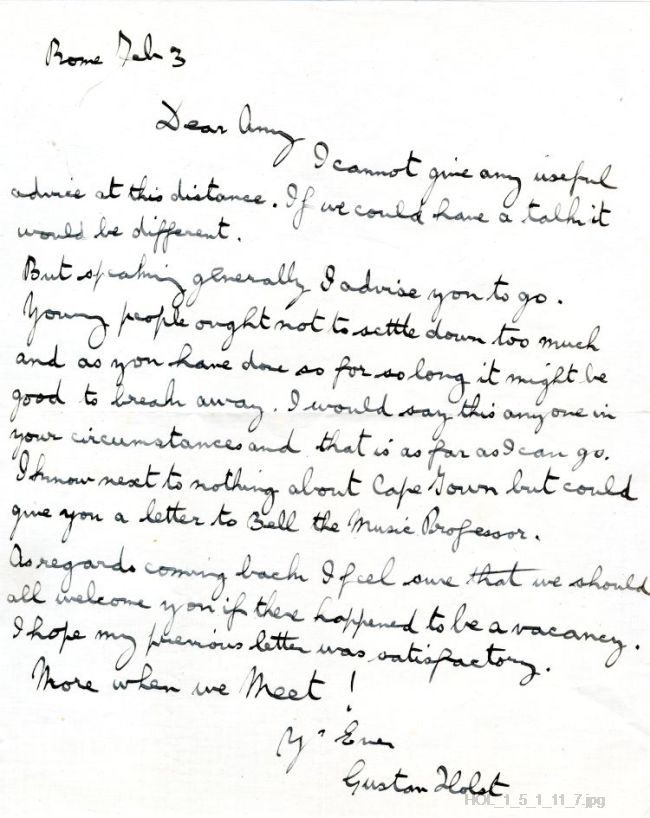 Letter from Gustav Holst to Amy Kemp