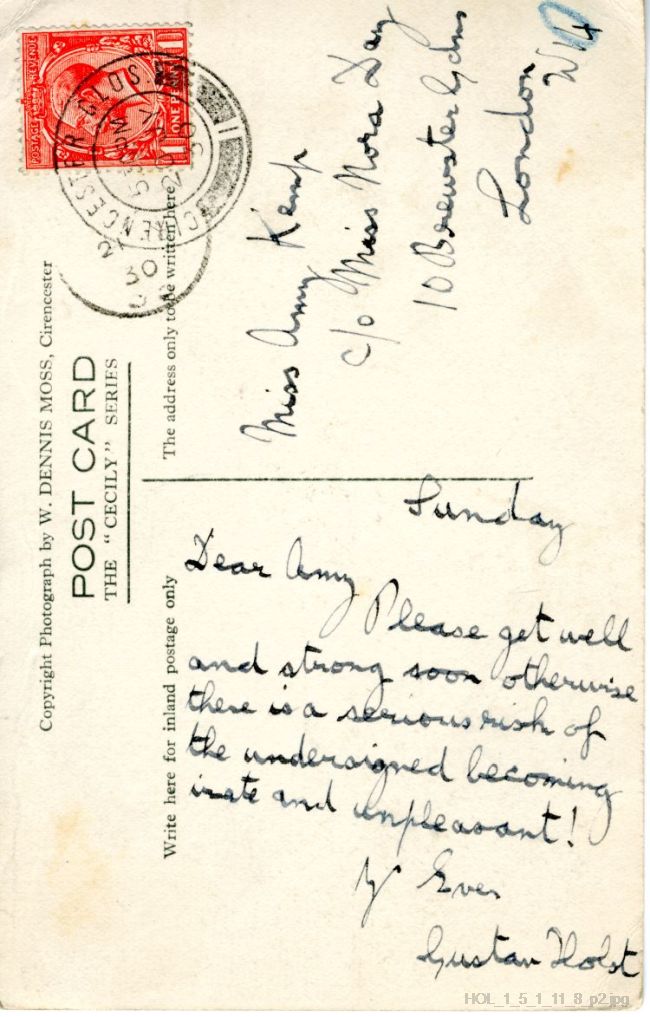 Postcard from Gustav Holst to Amy Kemp