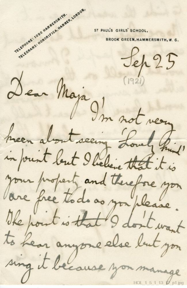 Letter from Gustav Holst to Maja Kjohler
