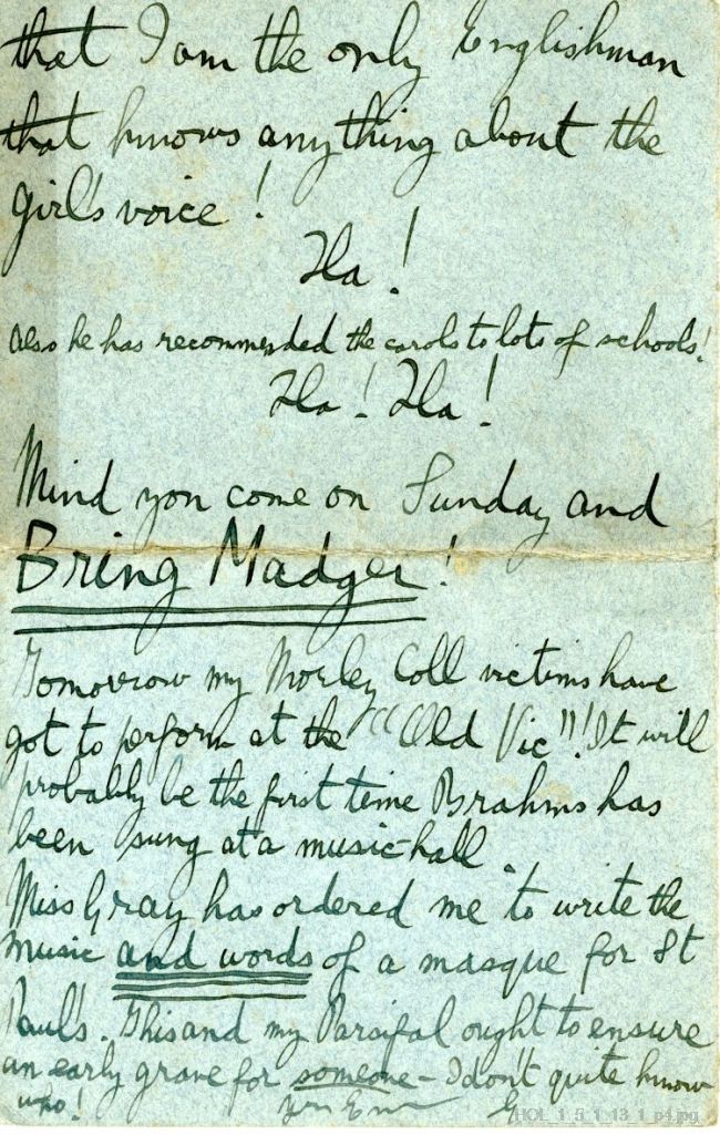 Letter from Gustav Holst to Maja Kjohler