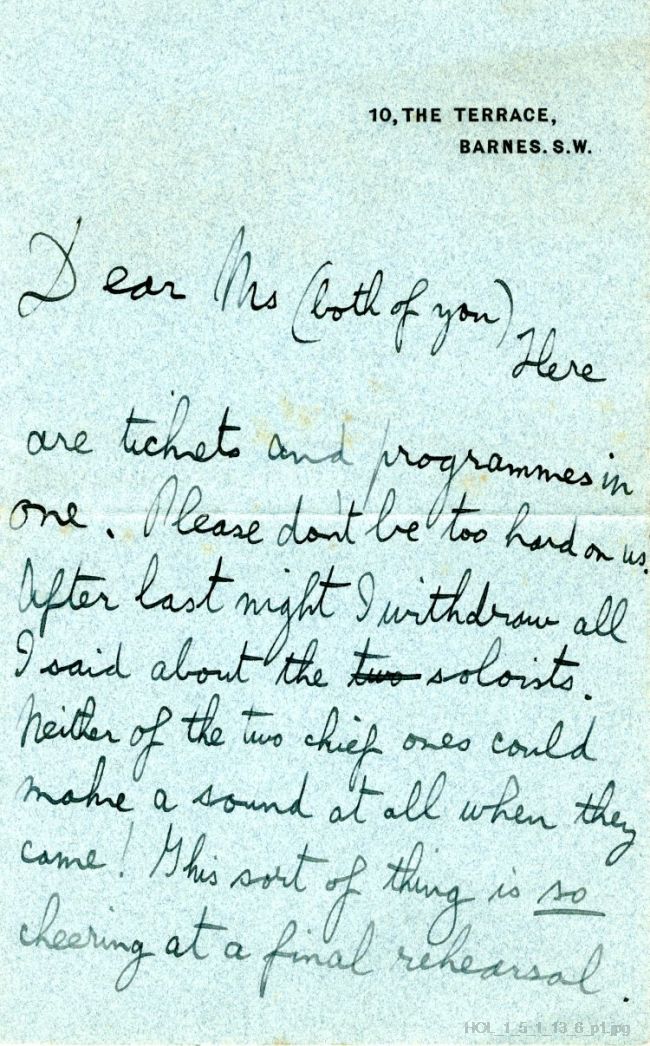 Letter from Gustav Holst to Maja Kjohler and Muriel Davenport