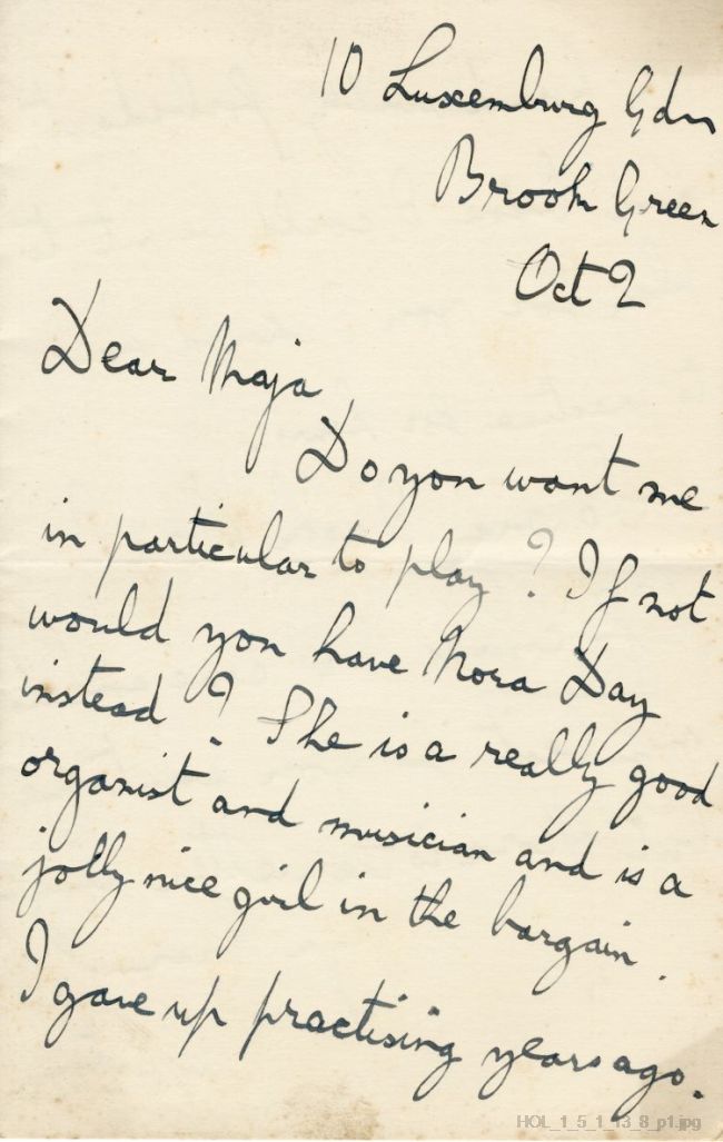 Letter from Gustav Holst to Maja Kjohler