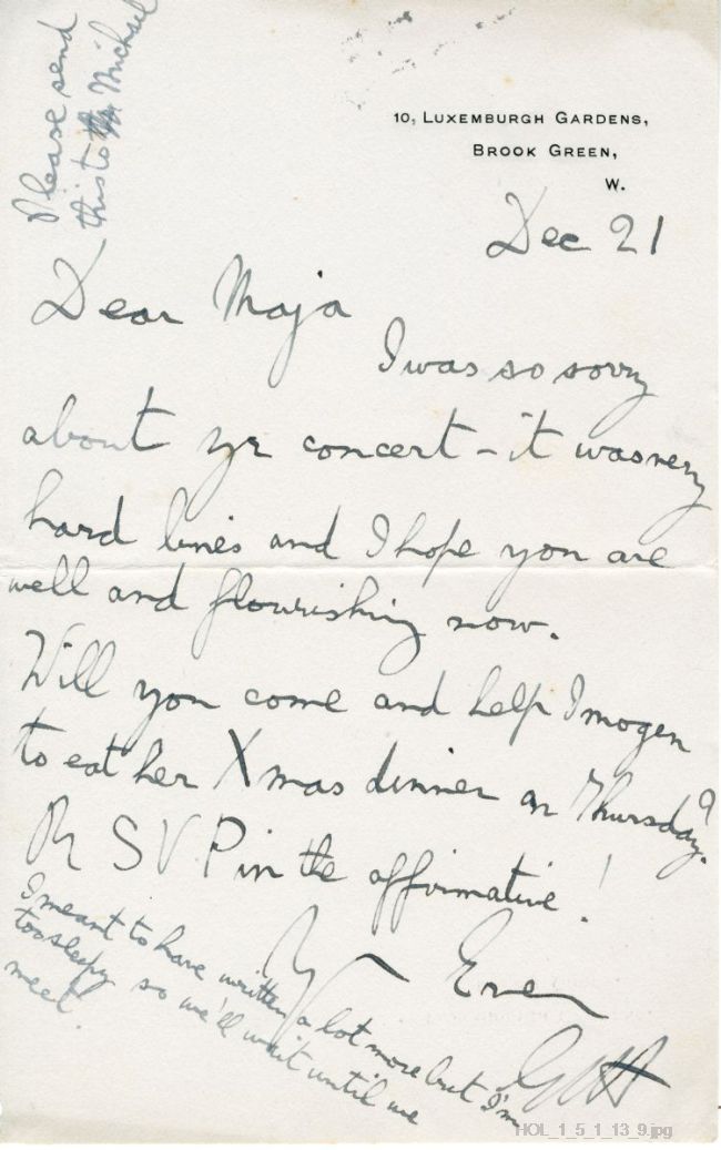 Letter from Gustav Holst to Maja Kjohler