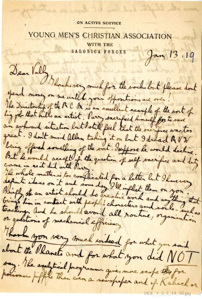 Letter from Gustav Holst to Vally Lasker