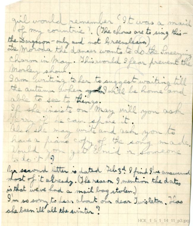 Letter from Gustav Holst to Vally Lasker