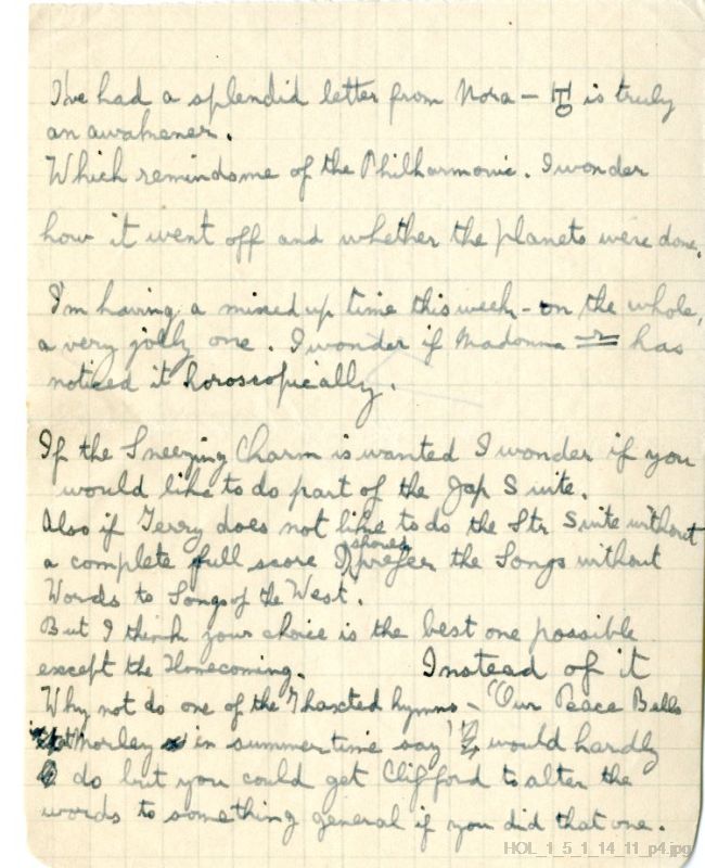 Letter from Gustav Holst to Vally Lasker