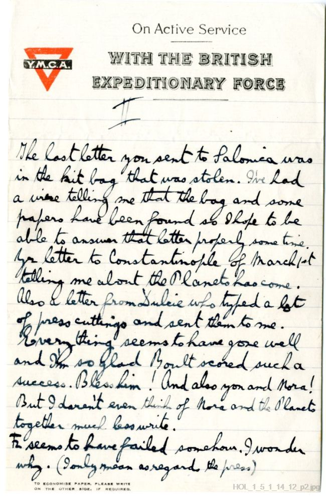 Letter from Gustav Holst to Vally Lasker