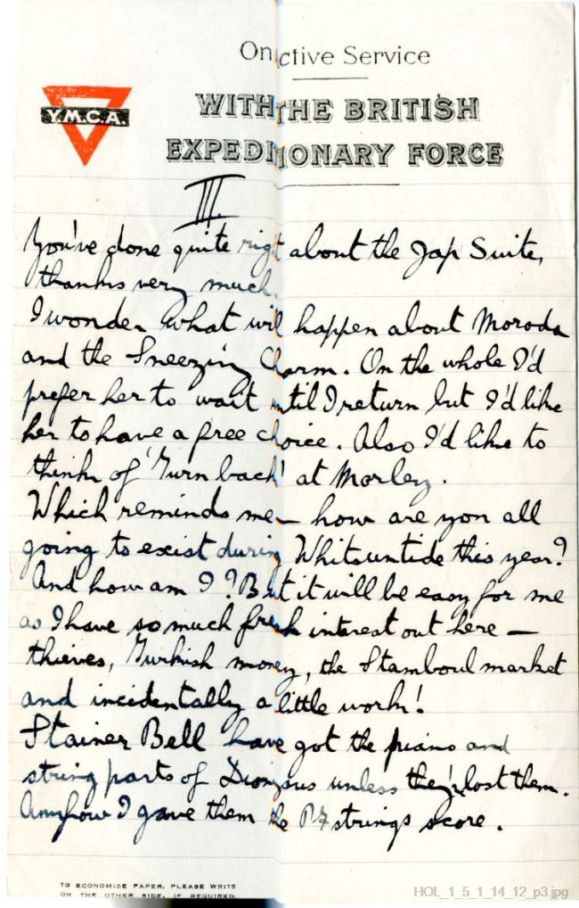 Letter from Gustav Holst to Vally Lasker