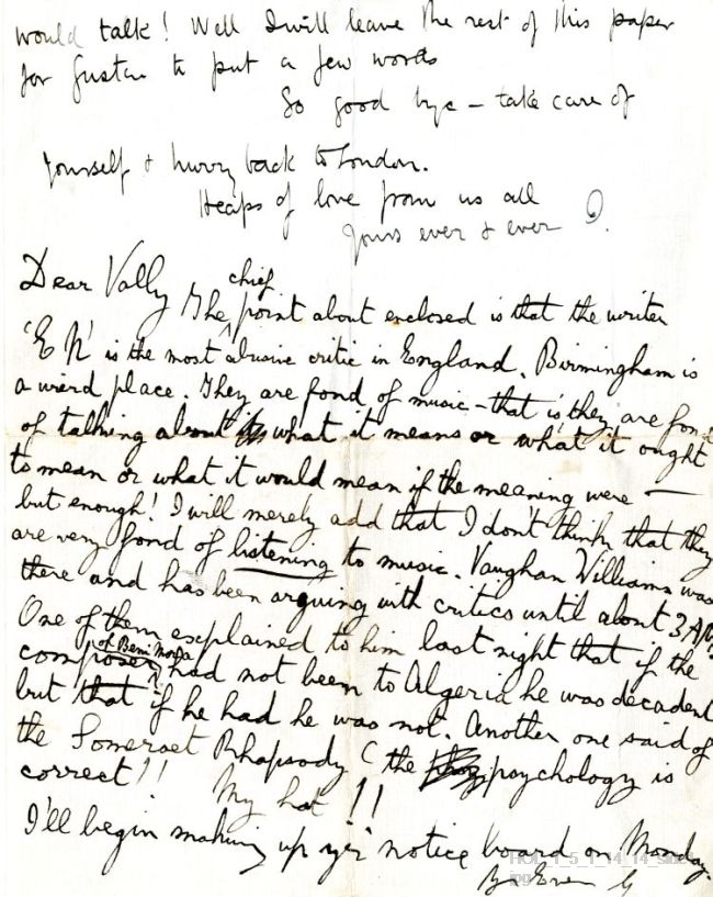 Letter from Gustav Holst and Isobel Holst to Vally Lasker