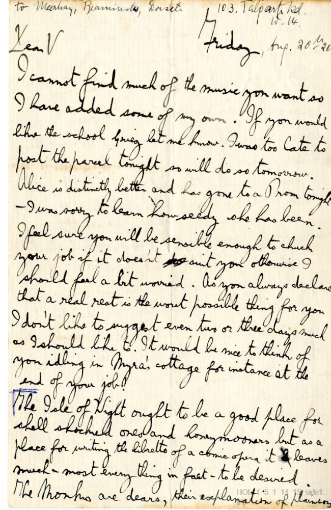 Letter from Gustav Holst to Vally Lasker