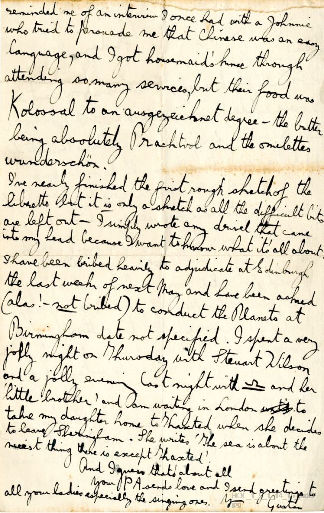 Letter from Gustav Holst to Vally Lasker