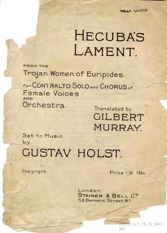 Title Page of Hercuba's Lament, H115, from Gustav Holst to Vally Lasker