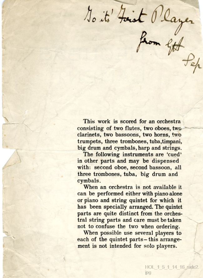 Title Page of Hercuba's Lament, H115, from Gustav Holst to Vally Lasker