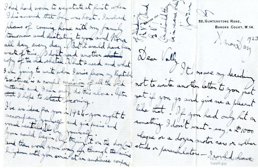 Letter from Gustav Holst to Vally Lasker