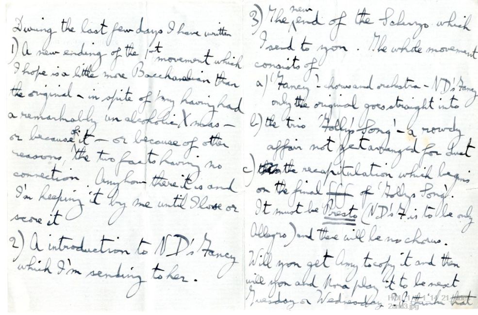 Letter from Gustav Holst to Vally Lasker
