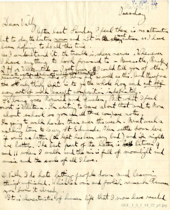 Letter from Gustav Holst to Vally Lasker