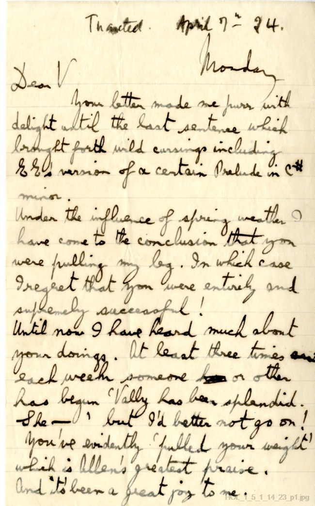Letter from Gustav Holst to Vally Lasker