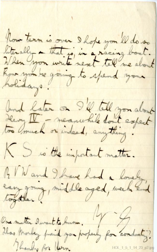 Letter from Gustav Holst to Vally Lasker