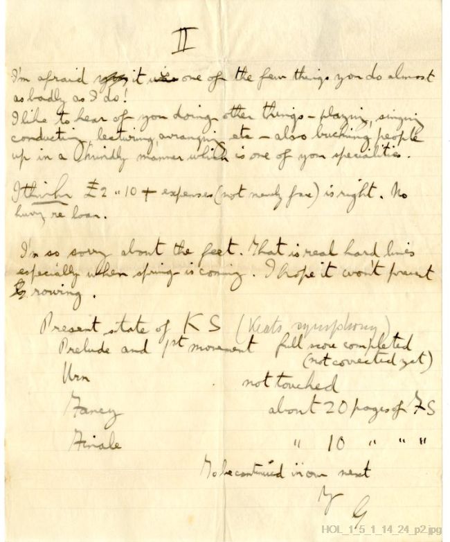 Letter from Gustav Holst to Vally Lasker