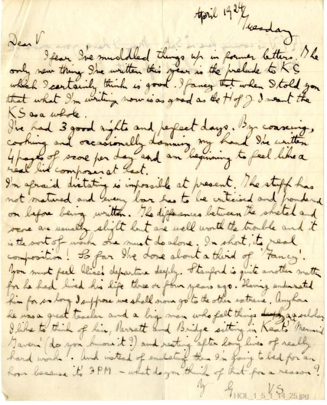 Letter from Gustav Holst to Vally Lasker