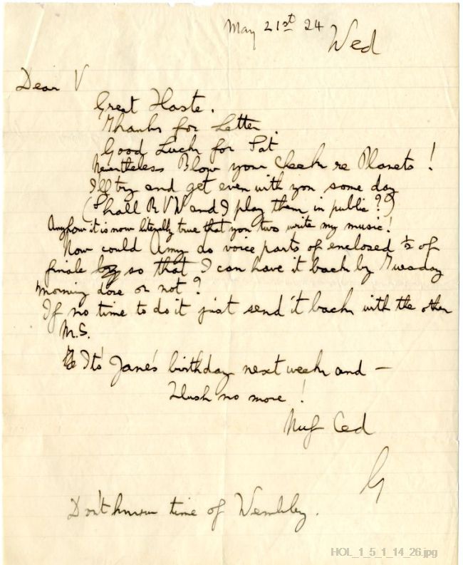 Letter from Gustav Holst to Vally Lasker